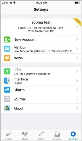 Настройки мобильной торговой платформы MetaTrader 5 для iPhone