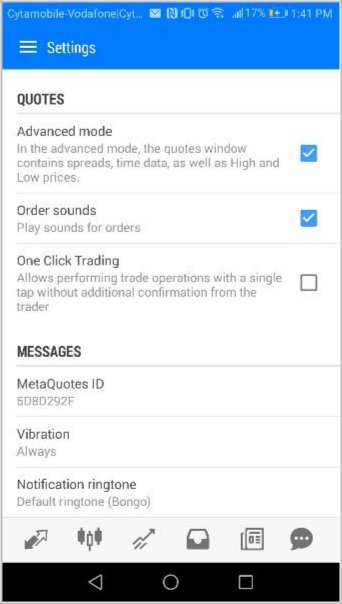 Настройки мобильной торговой платформы MetaTrader 5 для Android