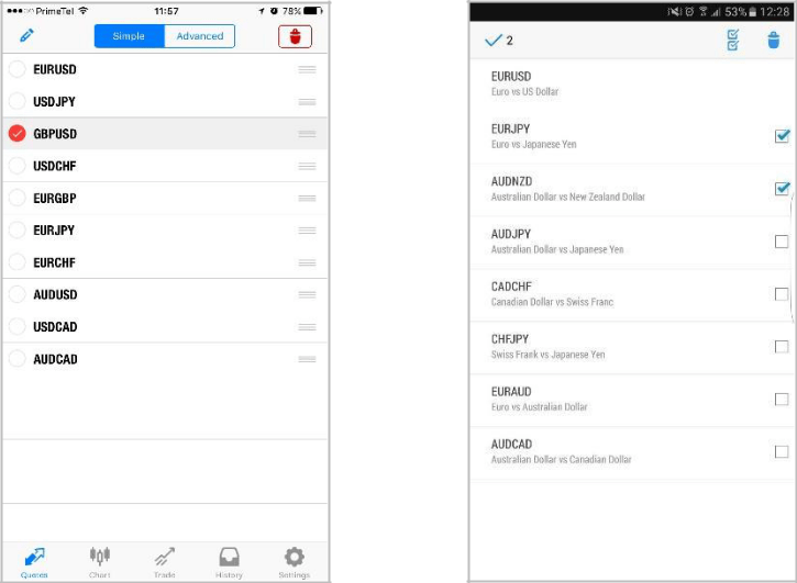 скрытие и перемещения символов валютных пар в мобильных приложений MetaTrader 5 для Android и iPhone.
